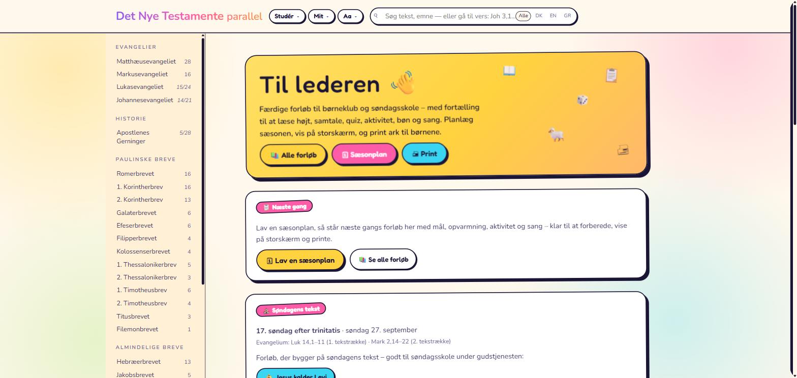 Skærmbillede af børnekirkens forside til lederen