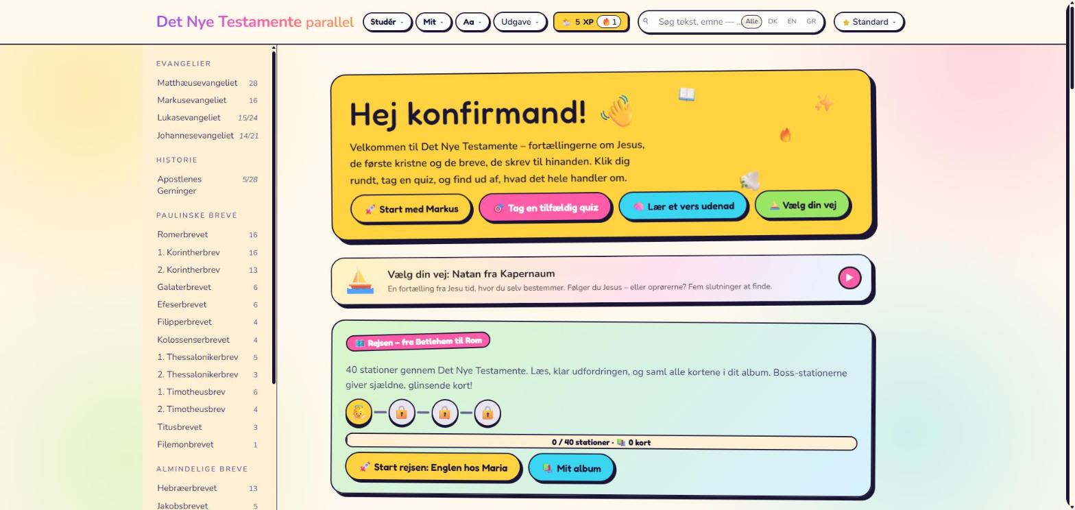 Skærmbillede af konfirmandudgavens forside med «Hej konfirmand!»