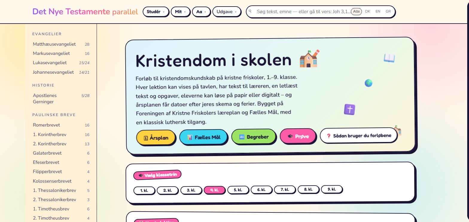 Skærmbillede af skoleudgaven: forsiden «Kristendom i skolen» med valg af klassetrin