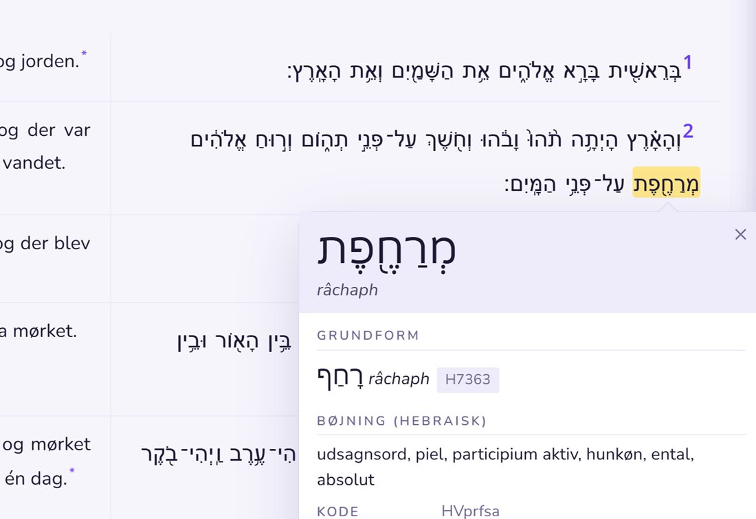 1 Mosebog 1 med Den Frie Bibel og hebraisk grundtekst; ordvinduet viser grundform, bøjning og betydning af et hebraisk ord